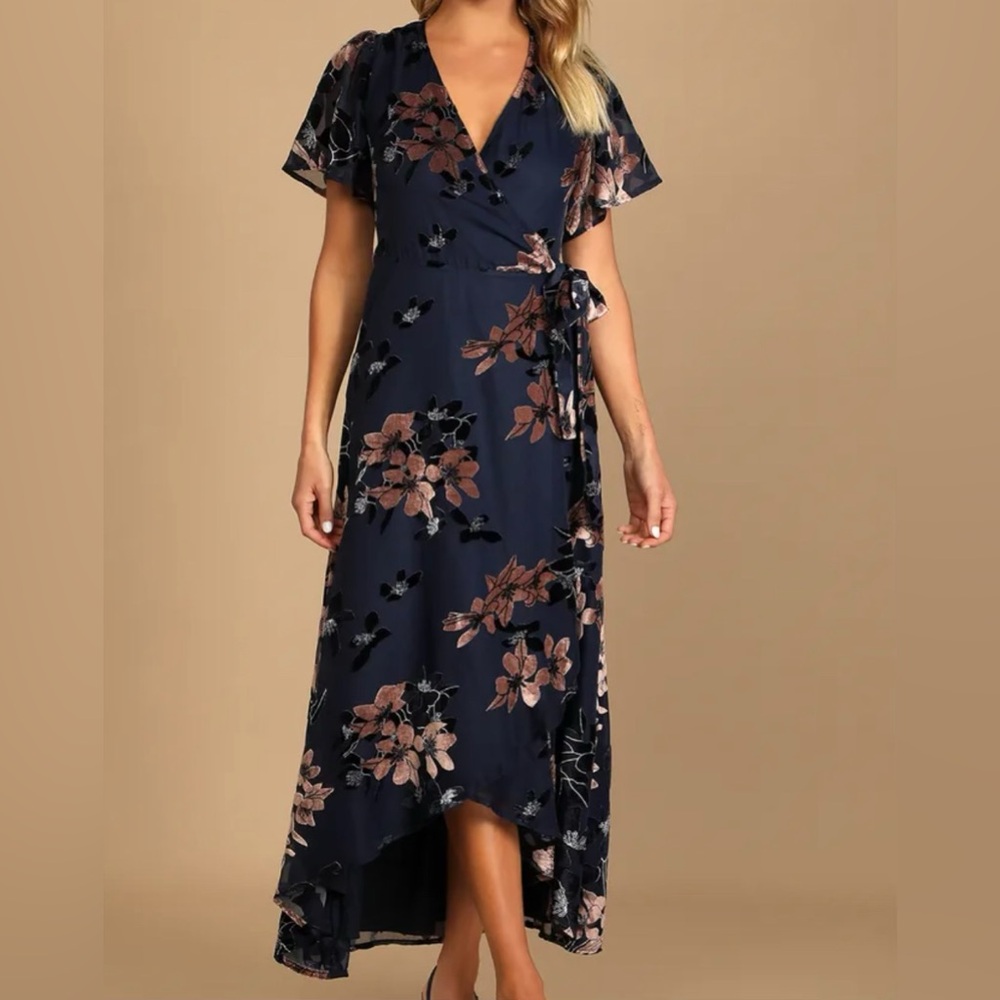 NWT Lulus Navy Blue Burnout Velvet Jacquard Wrap Maxi Dress